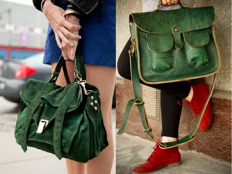 Сочетание зеленой сумки с одеждой