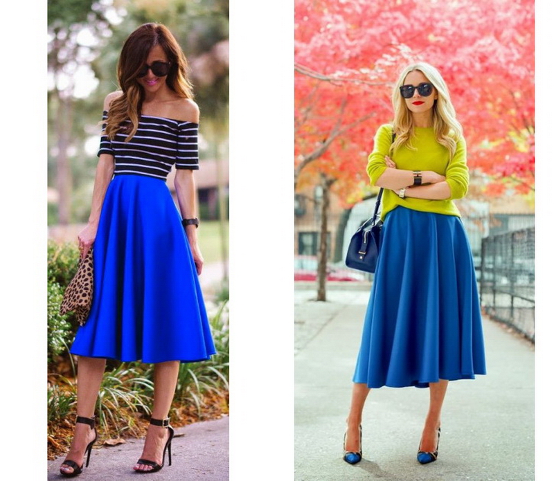Синяя юбка с цветами с чем носить